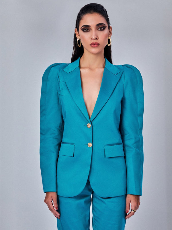 Aqua Blue Blazer with Pleated Sleeves Pant Suit