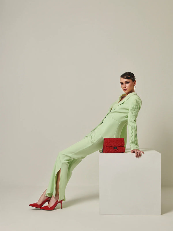 Asymmetrical Pleated summer green Blazer Pant Suit