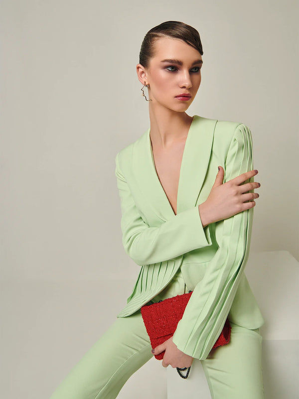 Asymmetrical Pleated summer green Blazer Pant Suit