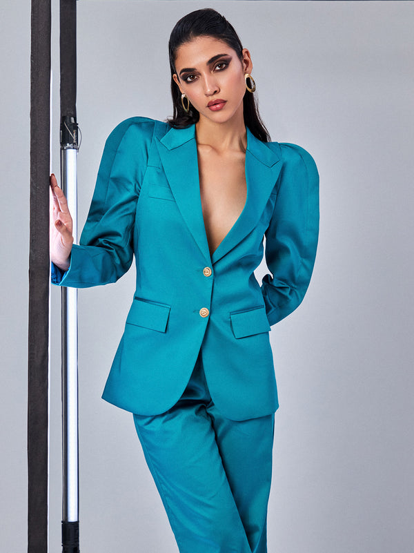 Aqua Blue Blazer with Pleated Sleeves Pant Suit