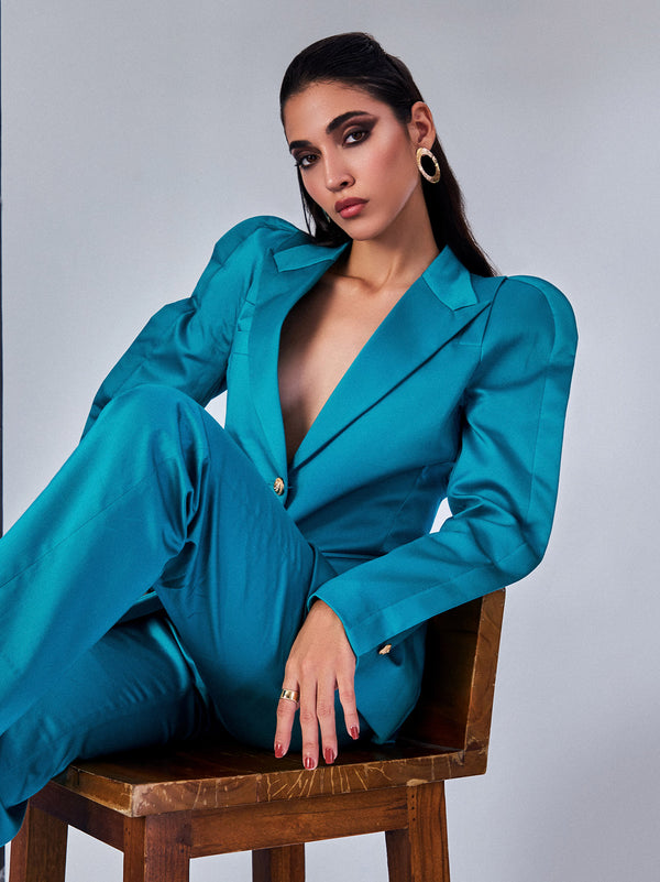 Aqua Blue Blazer with Pleated Sleeves Pant Suit