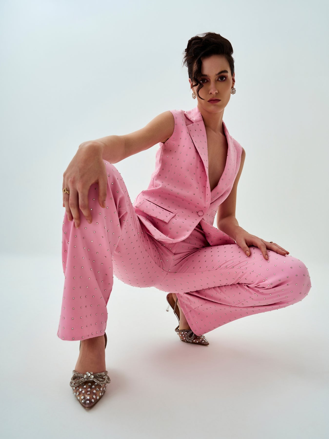Pink Crystal-Embellished Straight Trousers