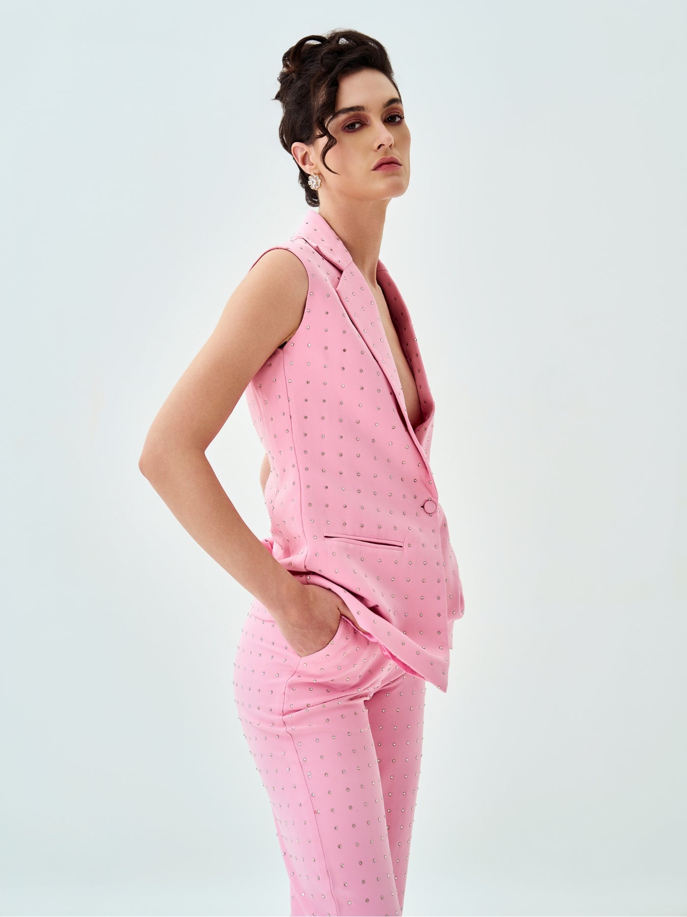 Pink Crystal-Embellished Straight Trousers