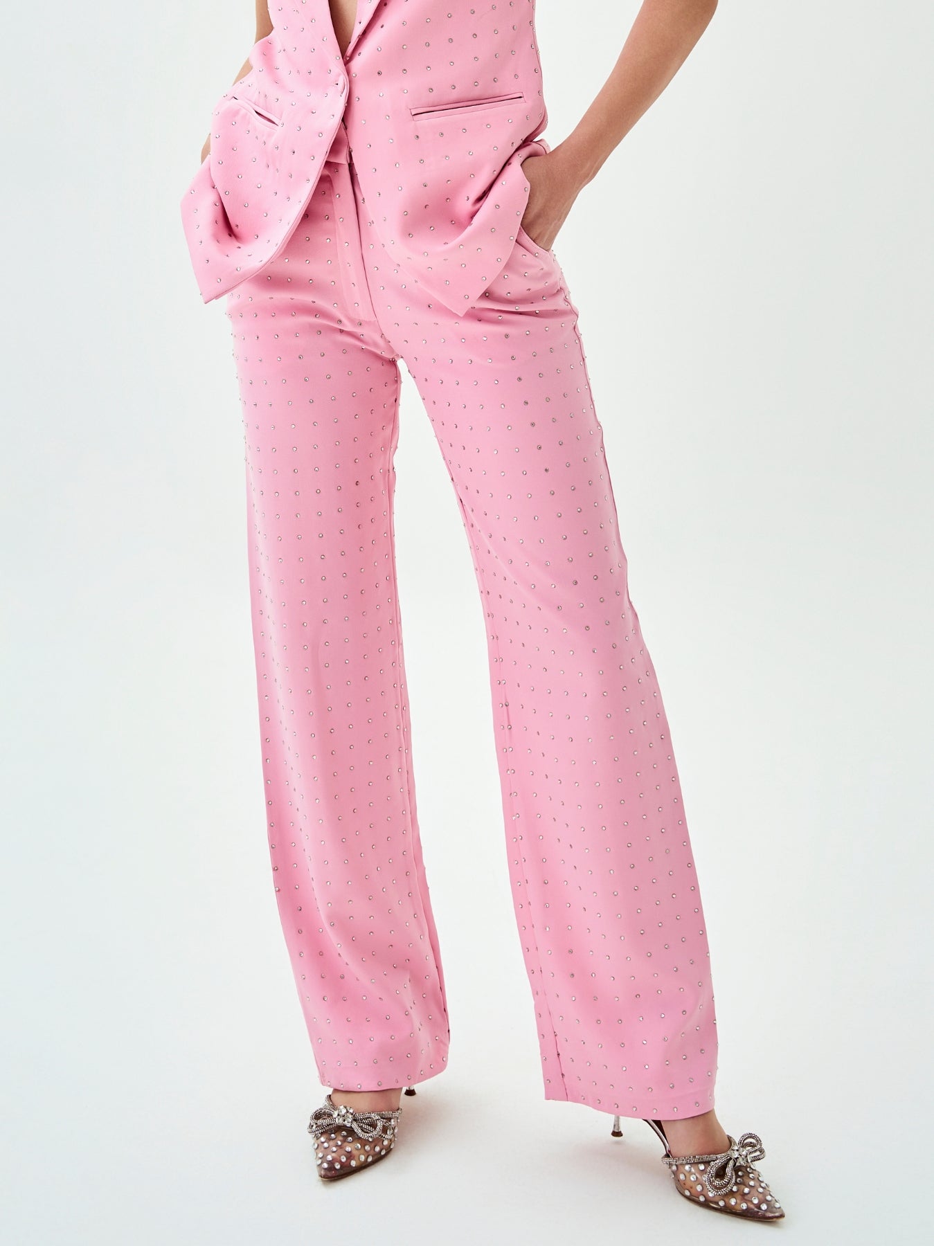 Pink Crystal-Embellished Straight Trousers