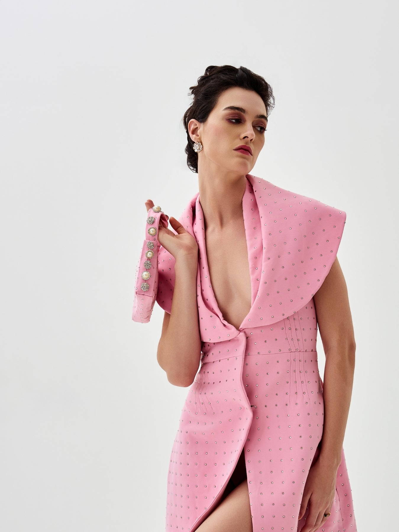 pink collar dress Leely Women Pink Tweed Midi Work Dress Collar Neck A Line Single Breasted Long Sleeves Coat Dress