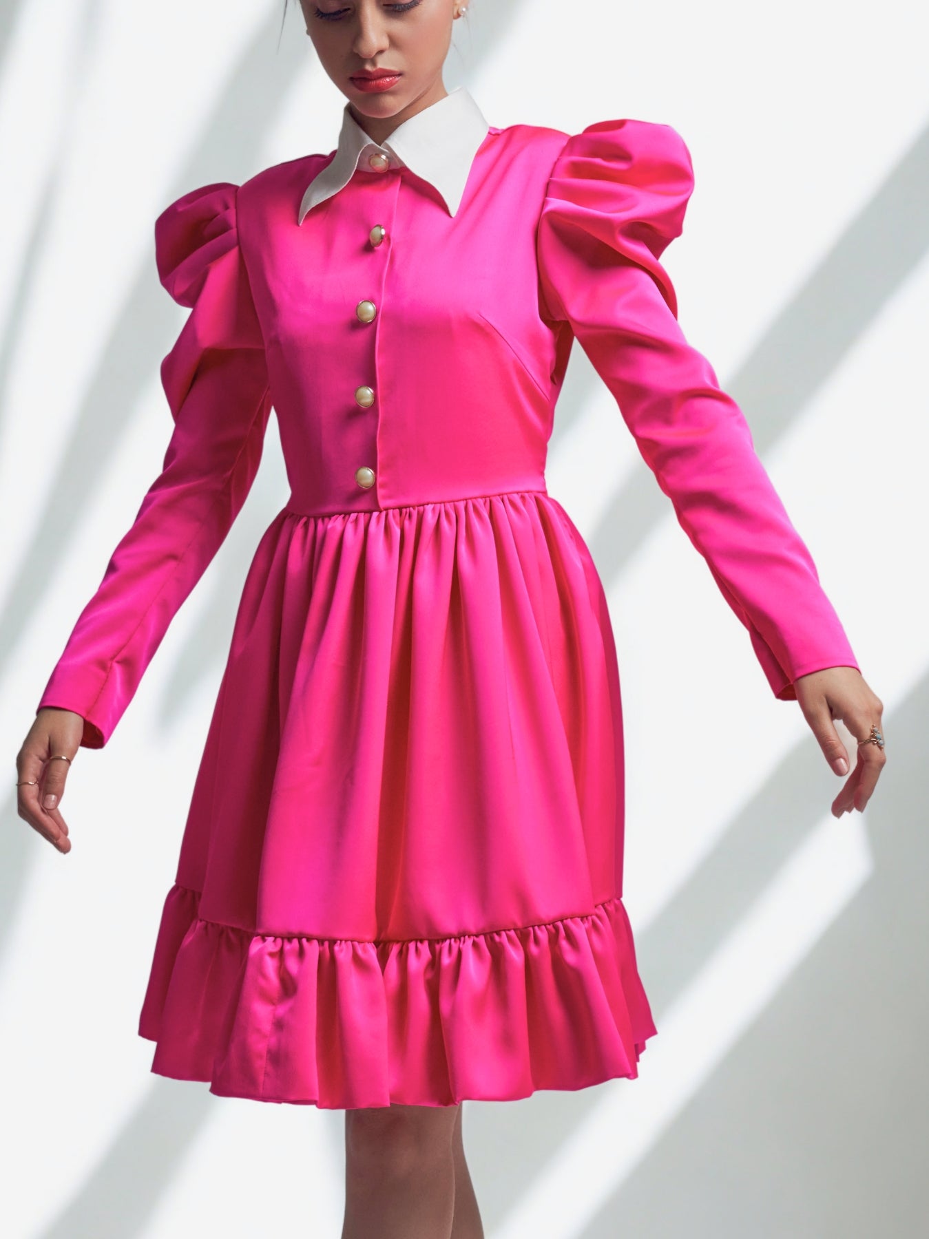 Pink Satin Tier Dress with contrast collar