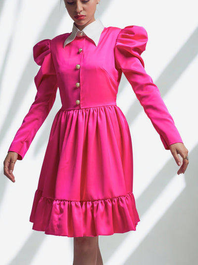 Pink Satin Tier Dress with contrast collar