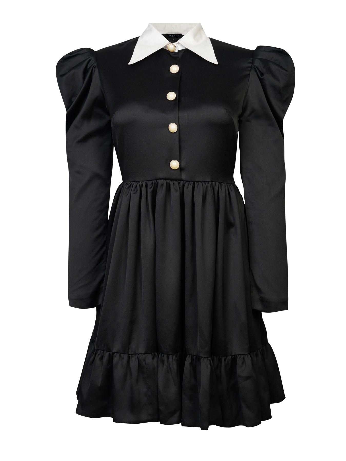 Black Satin Tier Dress with contrast collar