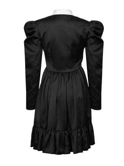 Black Satin Tier Dress with contrast collar