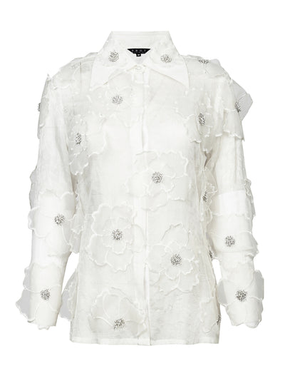 White 3D Floral Crystal Embellished Shirt