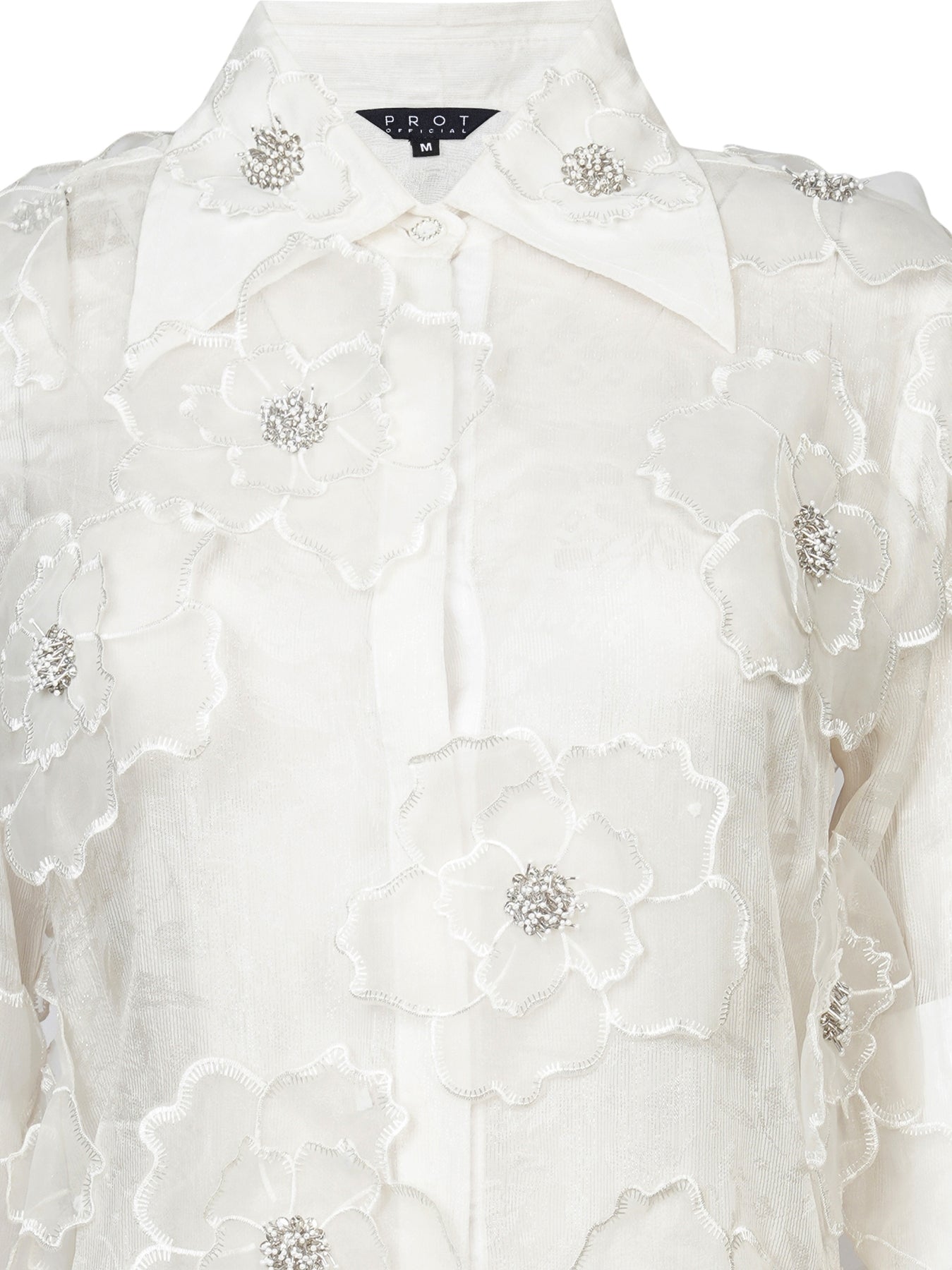 White 3D Floral Crystal Embellished Shirt