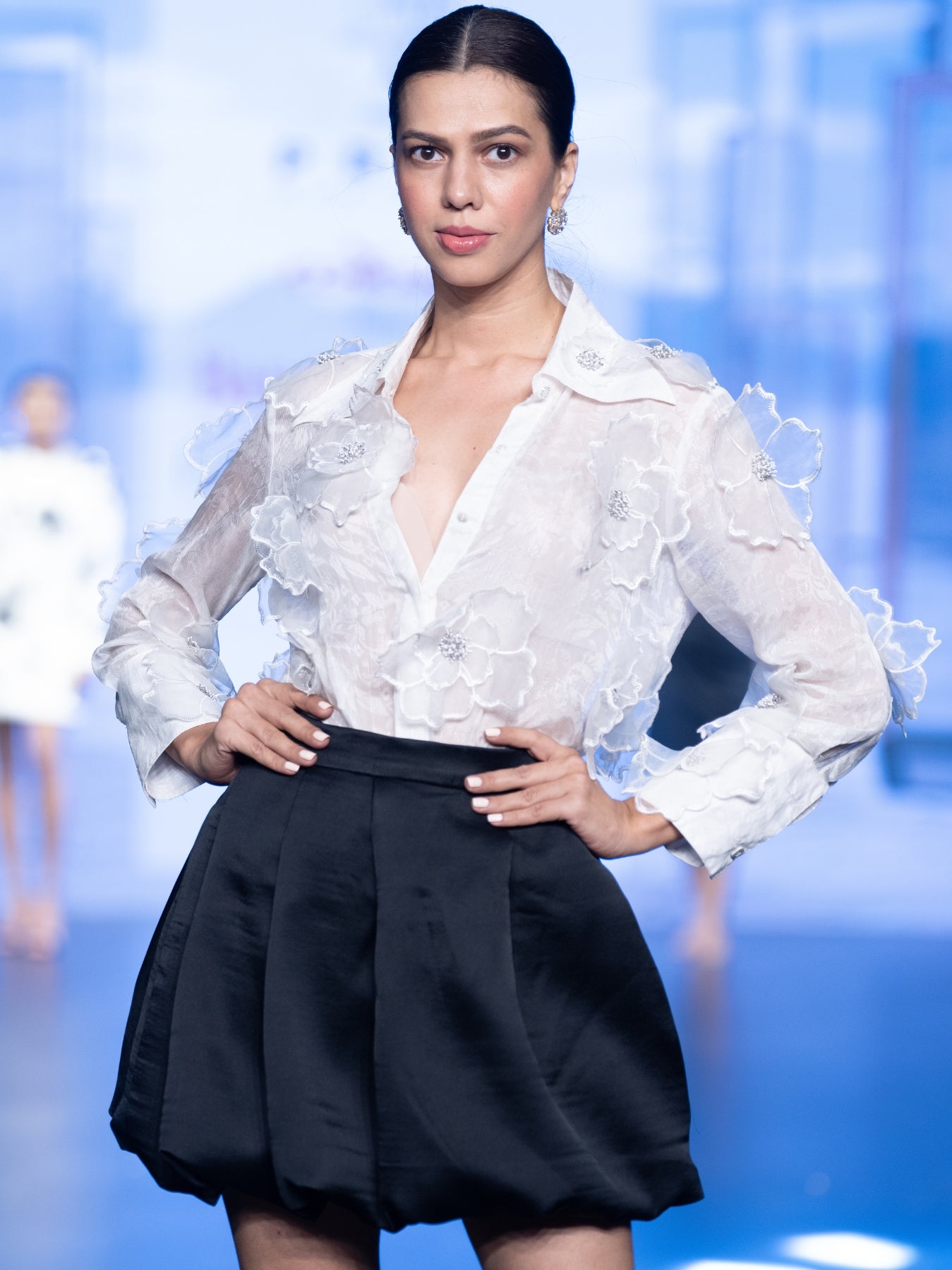 White 3D Floral Crystal Embellished Shirt