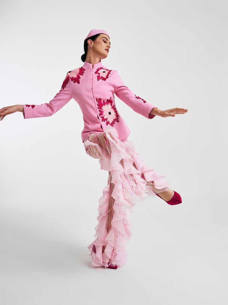 Pink floral embroidery Blazer with Sheer organza trousers