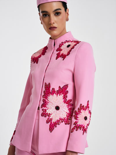 Pink floral embroidery Blazer with Sheer organza trousers