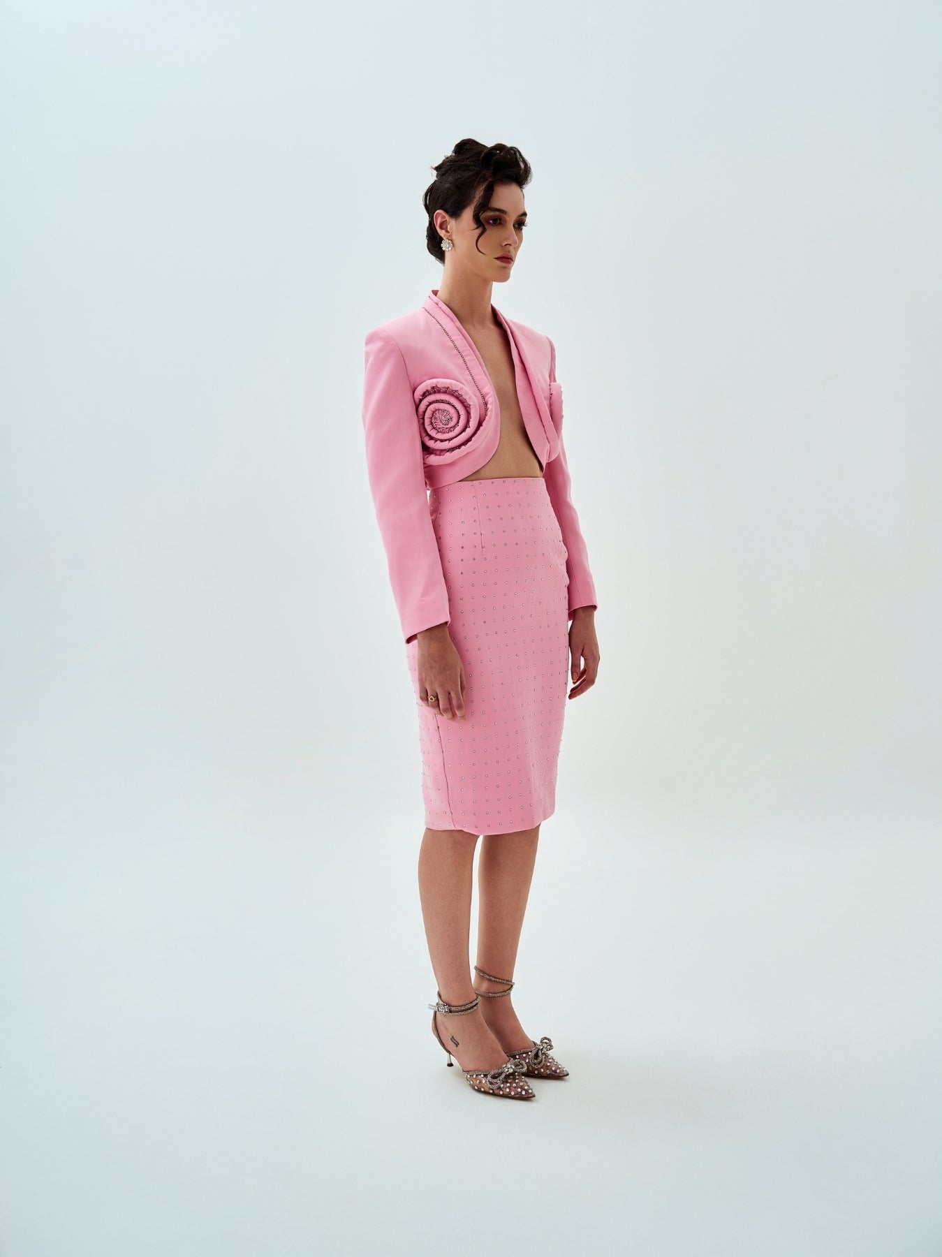 Blush Pink Embellished High-waisted Pencil Skirt