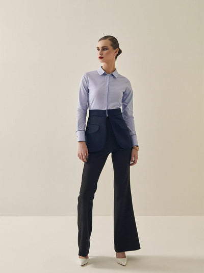 Blue Formal Shirt blazer with concealed button placket, blazer panel waist down with front flap pocket and back welt pocket.