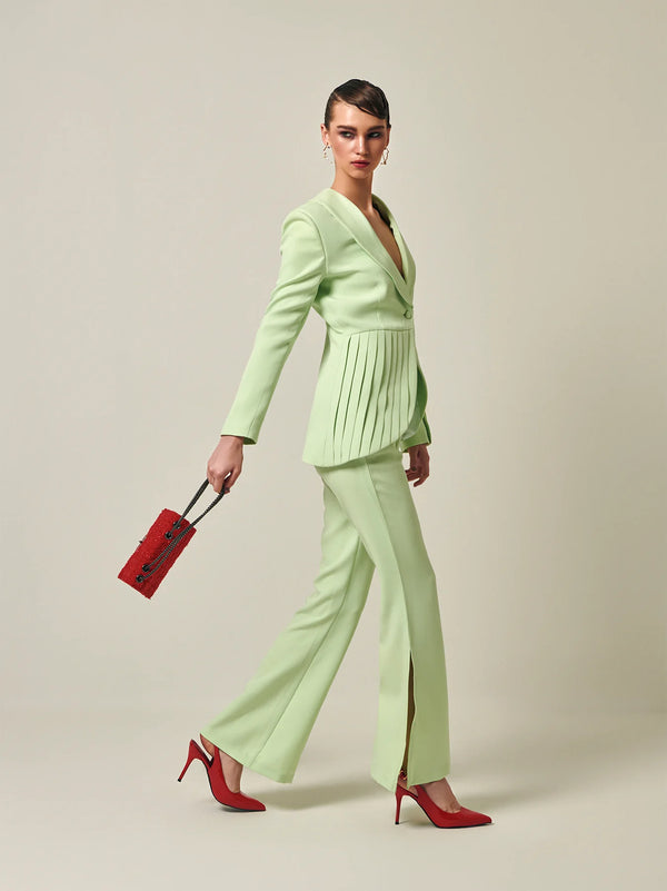 Asymmetrical Pleated summer green Blazer Pant Suit