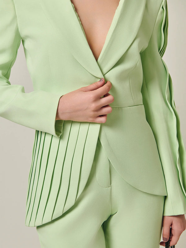 Asymmetrical Pleated summer green Blazer Pant Suit