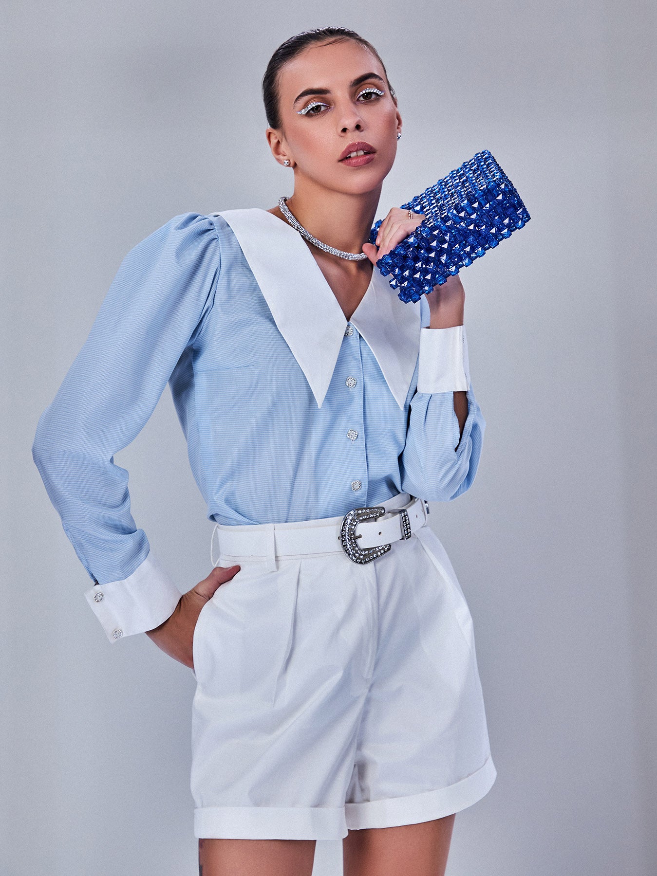 Blue Cropped Shirt With Checked Pattern