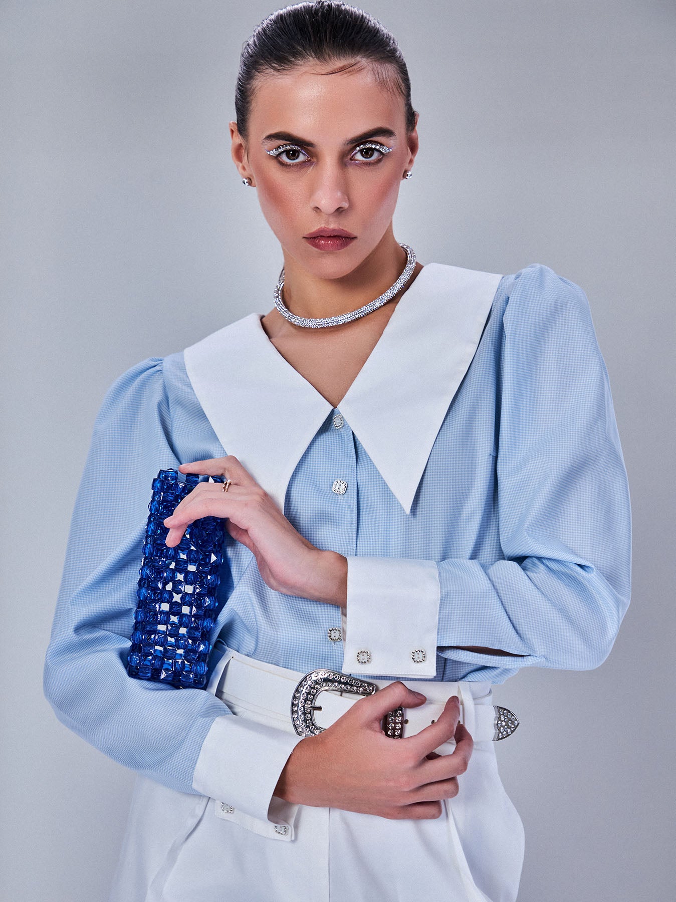 Blue Cropped Shirt With Small Check