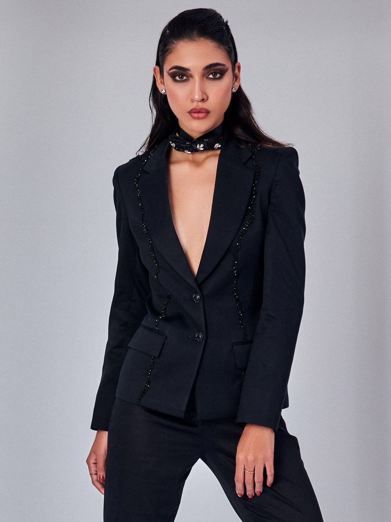 Black Embroidered Blazer for Women