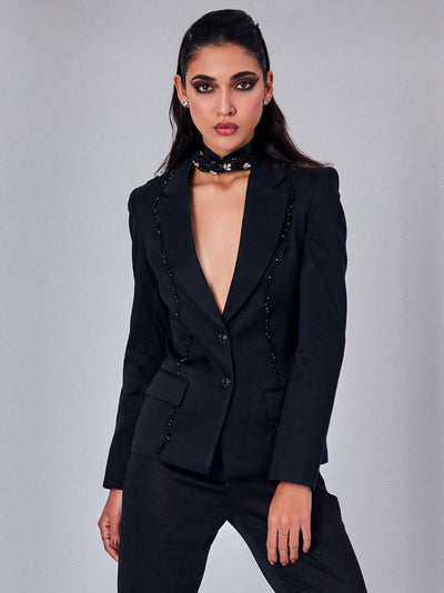 Black Embroidered Blazer for Women