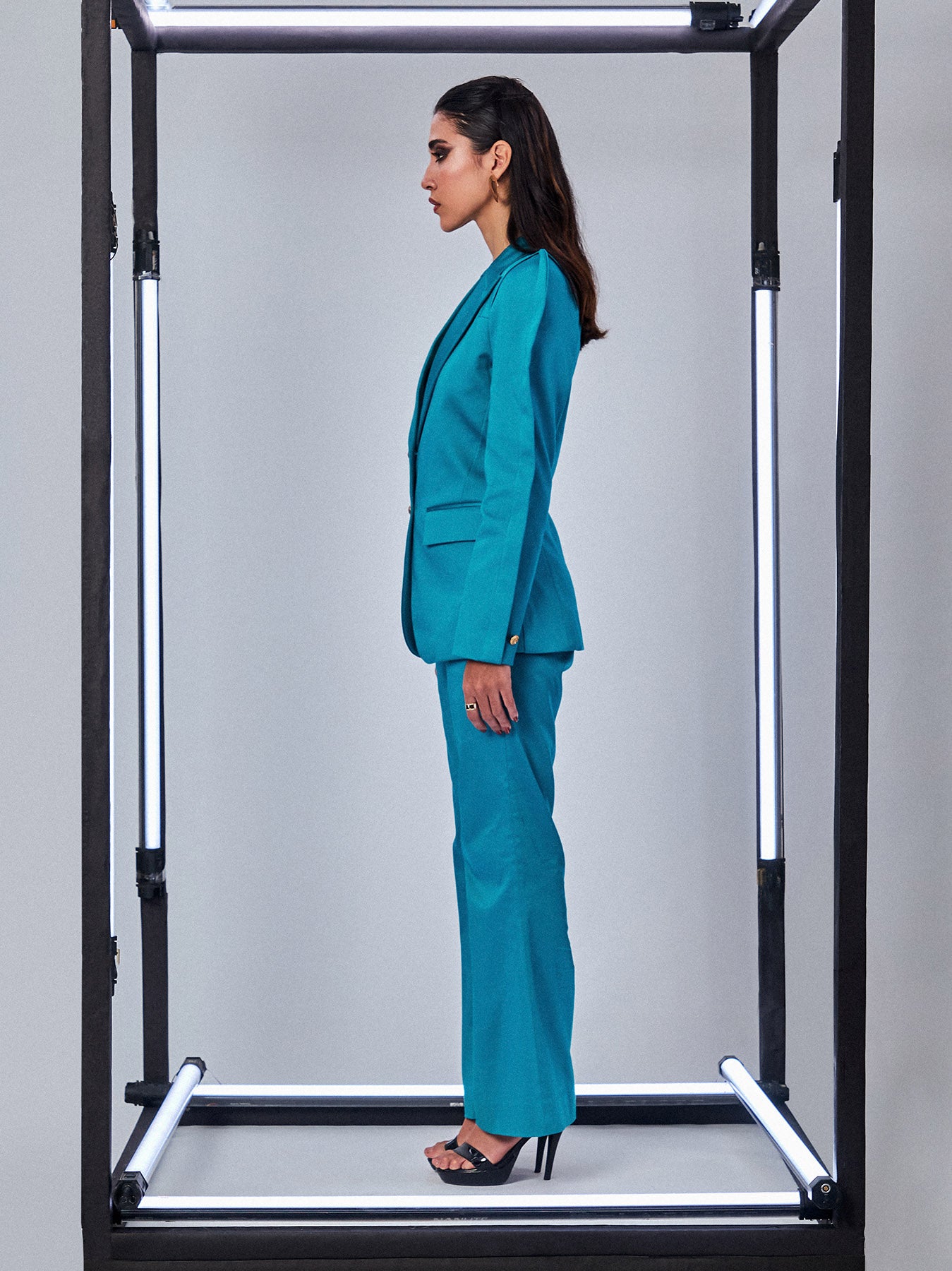 Aqua Blue Blazer with Pleated Sleeves Pant Suit - PROTPant Suits