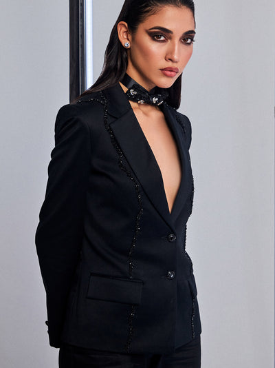 Embroidered Blazer with Solid Black Color