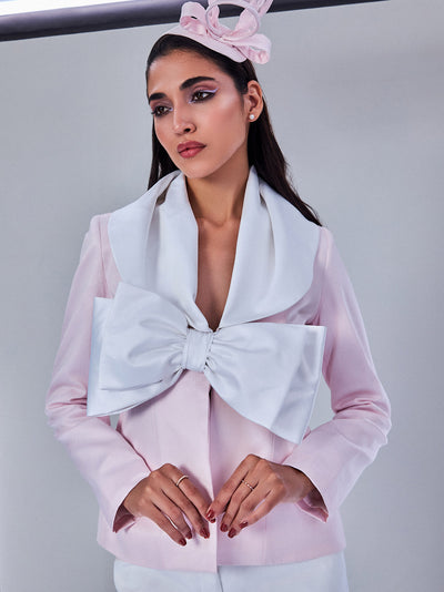 Women Baby Pink Blazer with Bow