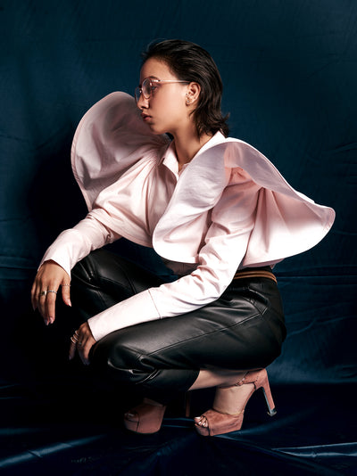 pink Flowy Shirts With Ruffled Shoulder